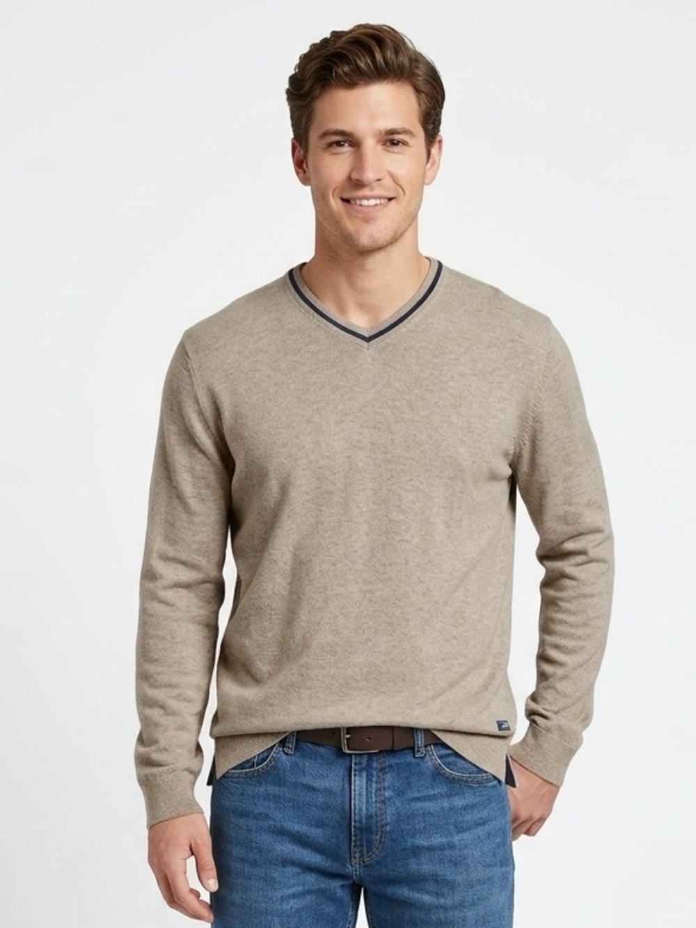 IZOD V Neck Heathered Tan Cotton Sweater Mens L Large $65 EUC